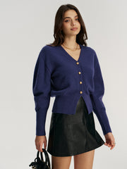 Metal Button V-Neck Knit Cardigan