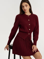 Metal Button Cardigan and Pleated Mini Skirt Set
