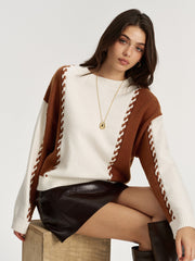 Braided Trim Two-Tone Sweater