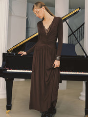 Lace V-Neck Ruched Maxi Dress