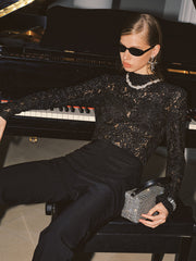 High Neck Lace Floral Long Sleeve Blouse