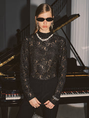 High Neck Lace Floral Long Sleeve Blouse