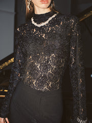 High Neck Lace Floral Long Sleeve Blouse