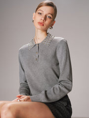Studded Collar Wool-Blend Knit Polo Sweater