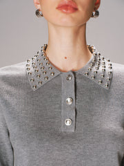 Studded Collar Wool-Blend Knit Polo Sweater