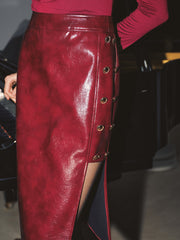 Metal Detail Side Slit Faux Leather Midi Skirt