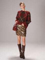 Crew Neck Argyle Wool-Blend Sweater