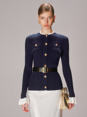 Belted Metal Button Ribbed Knit Top