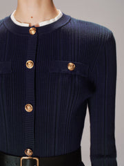 Belted Metal Button Ribbed Knit Top
