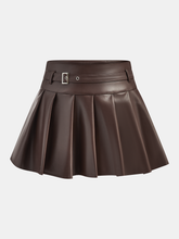 Belt-Decor Faux Leather Pleated Mini Skirt