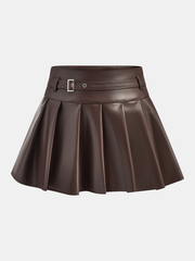 Belt-Decor Faux Leather Pleated Mini Skirt