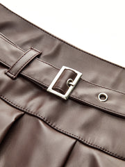 Belt-Decor Faux Leather Pleated Mini Skirt