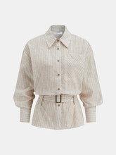 Balloon Sleeve Pinstripe Belted Shirt