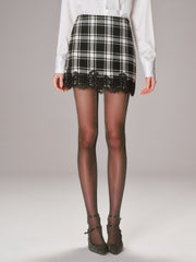 Lace Trim Plaid Tweed Mini Skirt