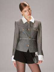 Belted Contrast Collar Tweed Blazer