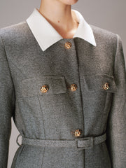 Belted Contrast Collar Tweed Blazer