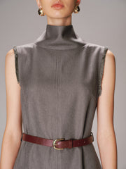 Belted Turtleneck Sleeveless Maxi Dress