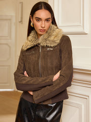 Faux Fur Collar Knit Panel Suede Effect Jacket