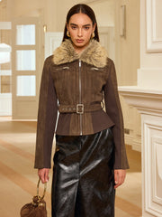 Faux Fur Collar Knit Panel Suede Effect Jacket