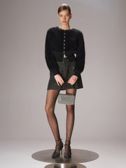 Button-Front Faux Mink Cropped Cardigan