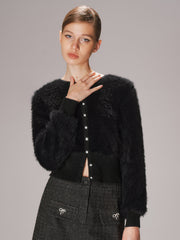 Button-Front Faux Mink Cropped Cardigan
