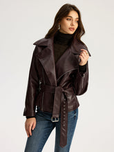 Zip Front Belted Faux Leather Jacket