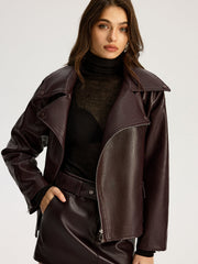 Zip Front Belted Faux Leather Jacket