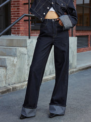 High-Waist Cuffed Wide-Leg Jeans