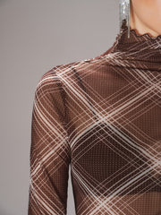 Turtleneck Sheer Mesh Plaid Long Sleeve Top