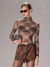 Turtleneck Sheer Mesh Plaid Long Sleeve Top