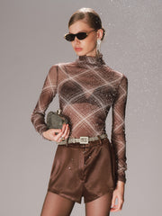 Turtleneck Sheer Mesh Plaid Long Sleeve Top
