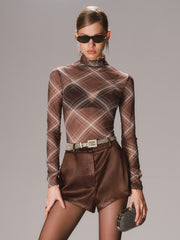 Turtleneck Sheer Mesh Plaid Long Sleeve Top