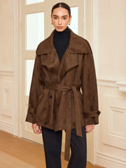 Lapel Suede Effect Belted Trench Coat