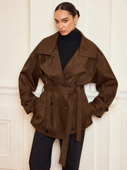 Lapel Suede Effect Belted Trench Coat