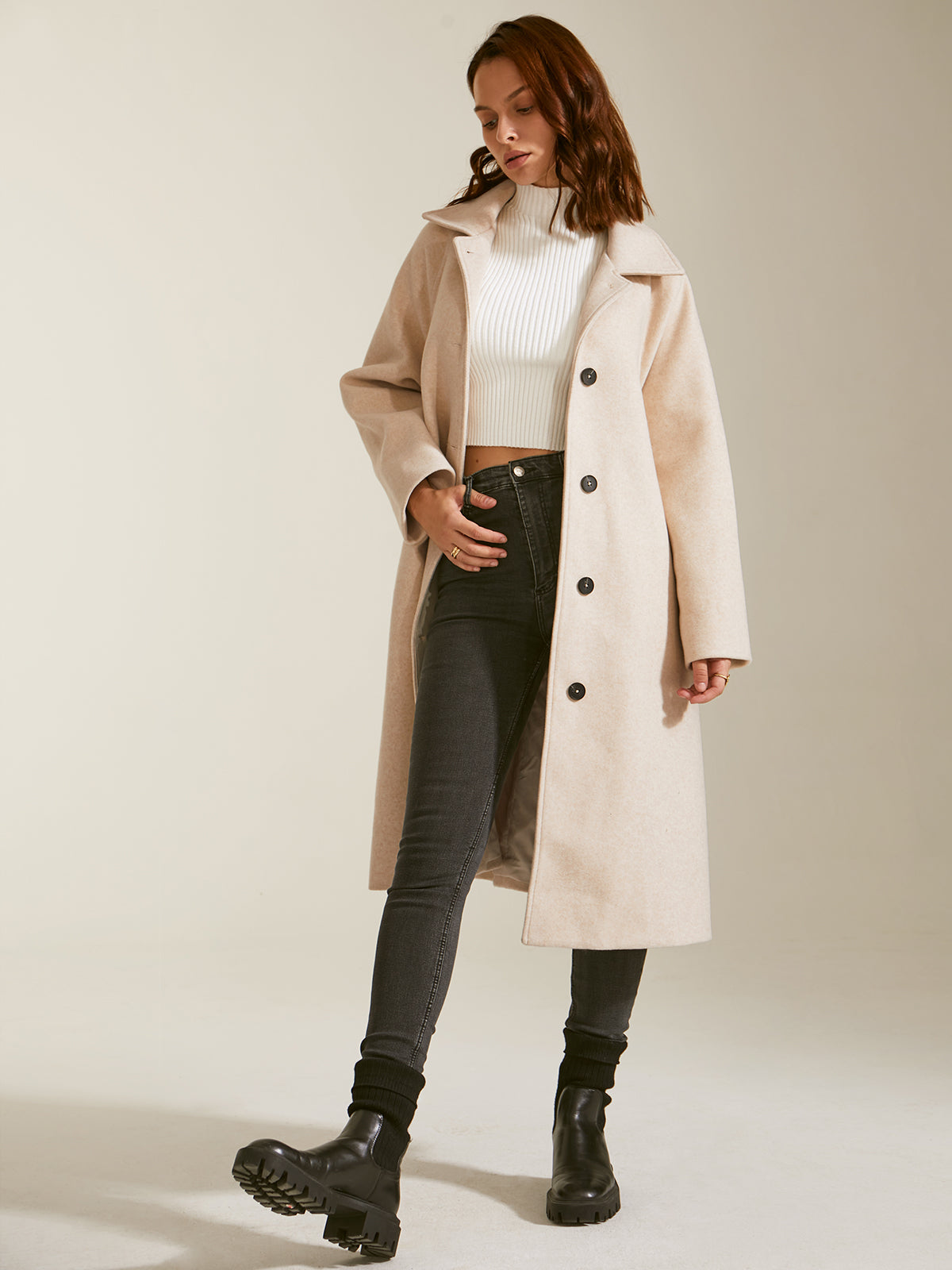 Brushed Wool Long Belted Overcoat