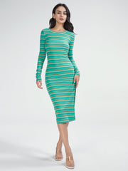 Striped Long Sleeve Bodycon Slit Dress