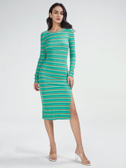 Striped Long Sleeve Bodycon Slit Dress
