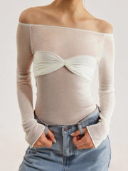 Semi-Sheer Off-Shoulder Mesh Long Sleeve Shirt