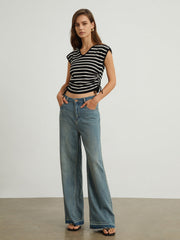 Cap Sleeve Stripe Drawstring Top