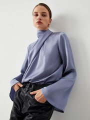 Asymmetric Pleated Turtleneck Satin Blouse