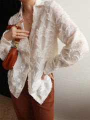Semi-Sheer Jacquard Floral Collared Shirt