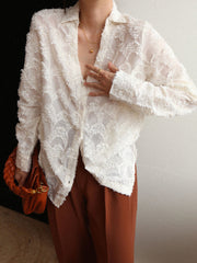 Semi-Sheer Jacquard Floral Collared Shirt