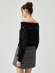 Sheer Crocheted Circle Hollow Off Shoulder T-Shirt