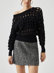 Sheer Crocheted Circle Hollow Off Shoulder T-Shirt