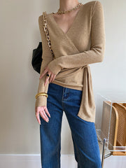 Wrap V-neck Long Sleeve Tie Knit Top