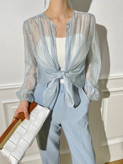 Semi-Sheer Through Long Sleeve Button Blouse