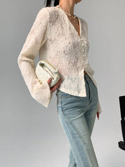 Semi-Sheer V-Neck Ruffle Long Sleeve Blouse
