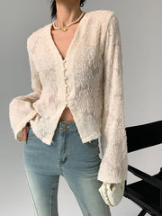 Semi-Sheer V-Neck Ruffle Long Sleeve Blouse