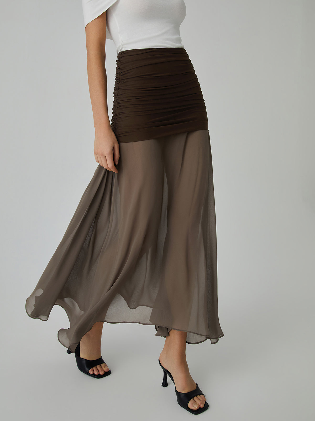 Net Chiffon Sheer Panel Maxi Skirt