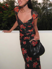 Semi-Sheer Floral Print Ruched Side Midi Dress